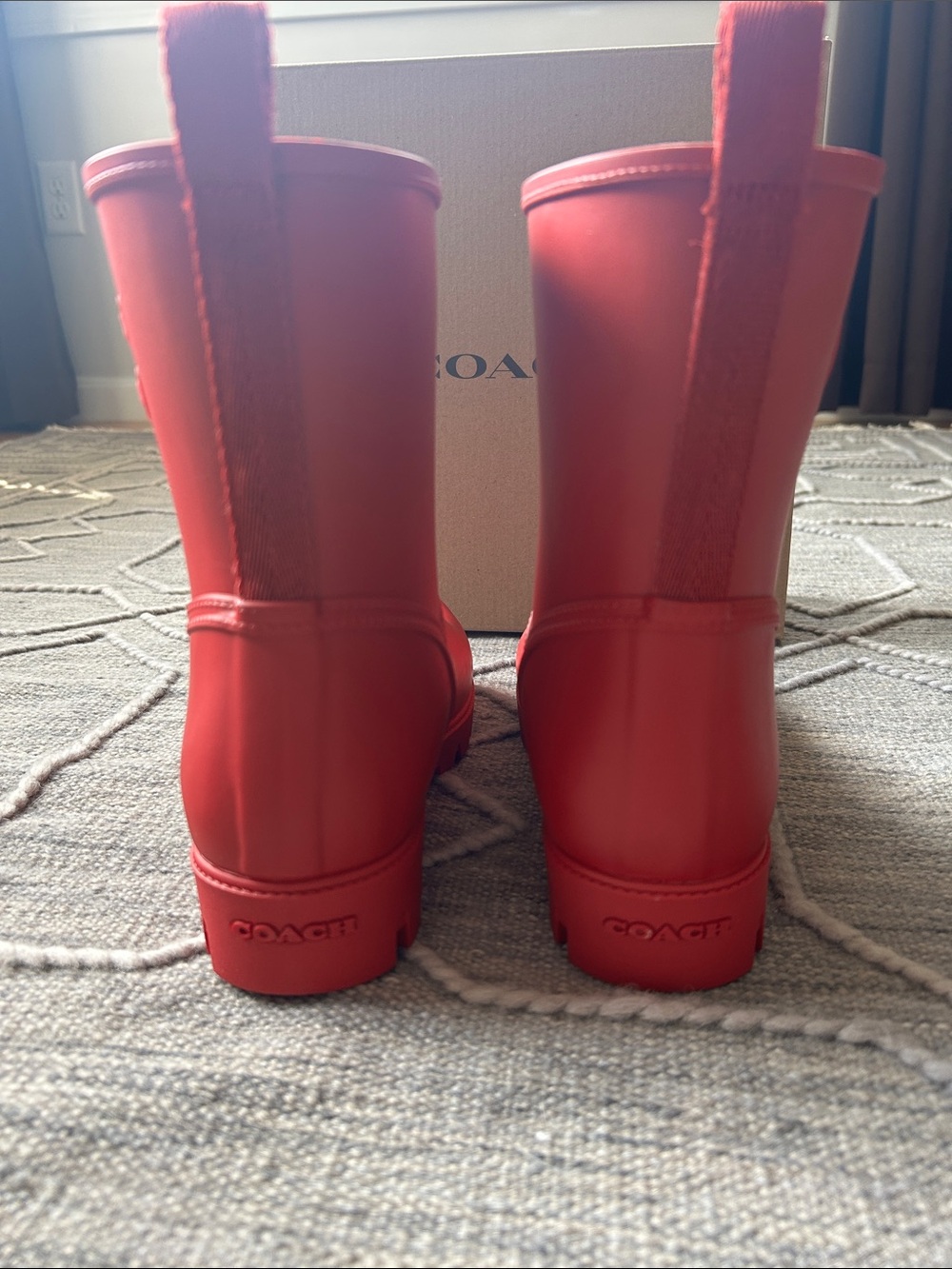 Coach Ryder Mid-Calf Ruby Red Rain Boots with Embossed C - Picture 9 of 13